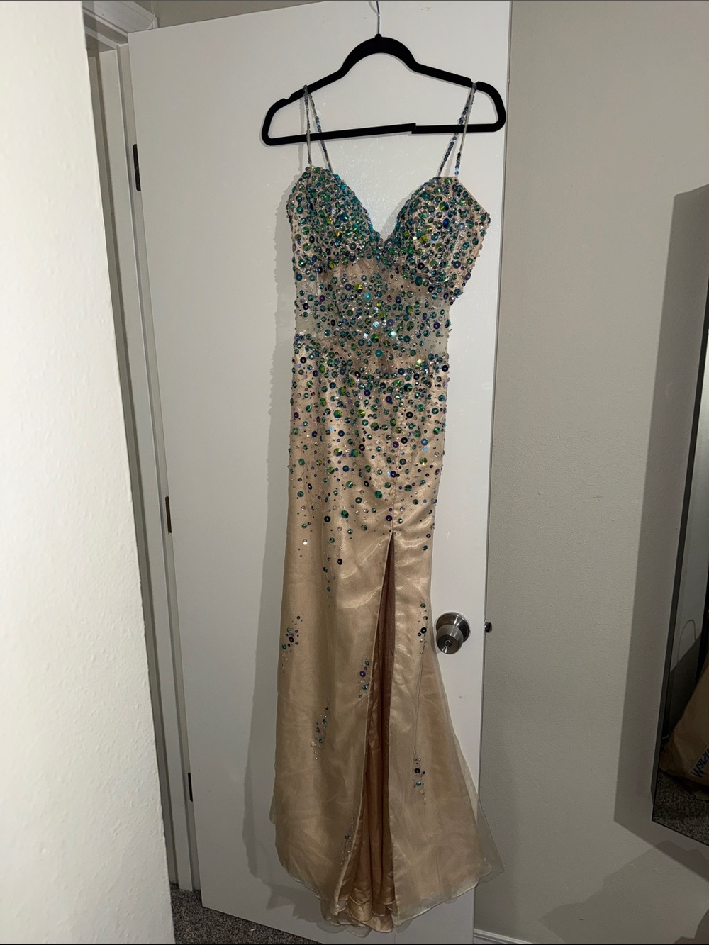 Sherri Hill Champagne Gown with Blue-Green Crystal Embellishments